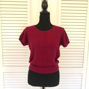 Magenta Cropped Heart Knit Short Sleeve Sweater